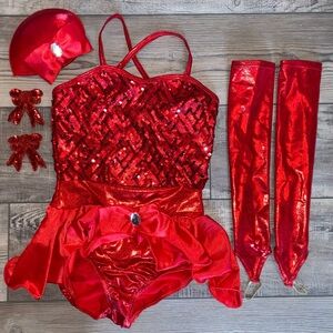 ♥️ Curtain Call Ruby Red Jazz Tap Sequin Diamond Matching Hat Gloves Valentines